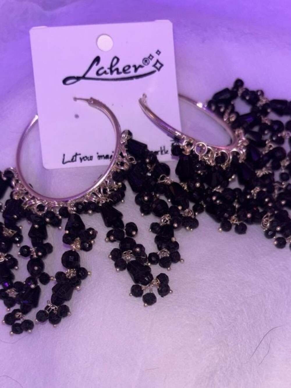 Silver and Black Beaded Fringe Hoop Earrings